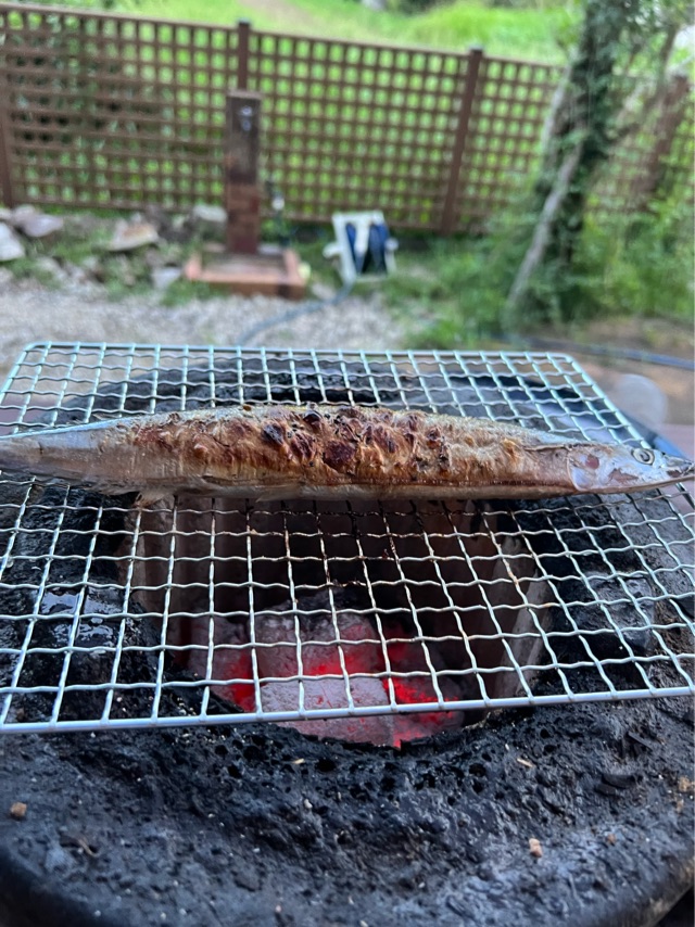 網の上で焼いている秋刀魚
